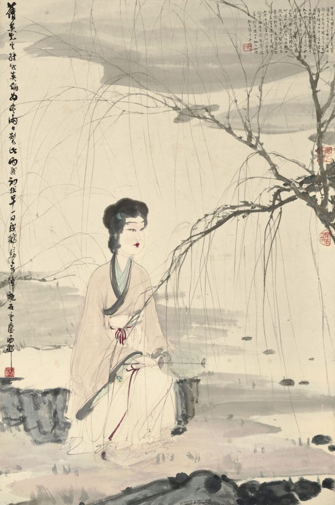 「霧明樓」舊藏,傅抱石《柳溪仕女》,以 2537 萬 5 千港幣(約 1 億台幣)。(圖:蘇富比拍賣)