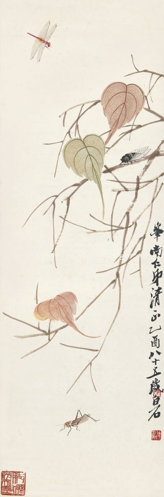 齊白石紙本立軸《貝葉草蟲》以 1,037 萬 5 千港幣(約 4100萬台幣)成交。 (圖:蘇富比拍賣)