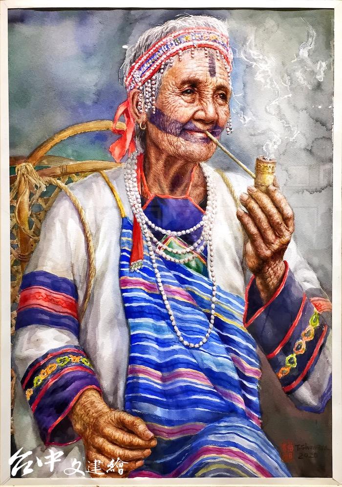曾孝德〈紋面長者 The Face-tattooed Elder〉,2020,76 X 56 公分。