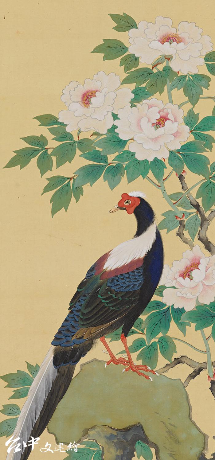 林玉山,〈牡丹藍腹春〉局部,1937,膠彩。(圖:國立臺灣美術館)